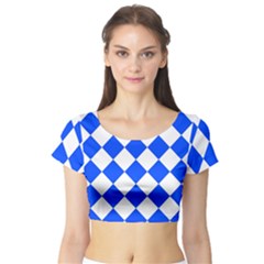 Blue White Diamonds Seamless Short Sleeve Crop Top by Sapixe