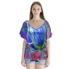 Blue Flowers With Thorns V-neck Flutter Sleeve Top by Sapixe