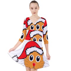 Cat Christmas Cartoon Clip Art Quarter Sleeve Front Wrap Dress by Sapixe