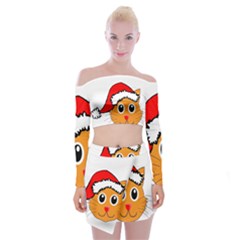 Cat Christmas Cartoon Clip Art Off Shoulder Top With Mini Skirt Set by Sapixe