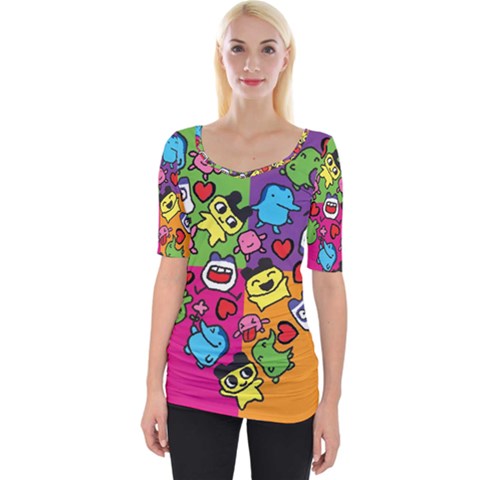 Cartoon Pattern Wide Neckline Tee by Sapixe