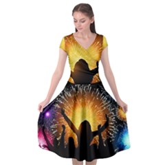 Celebration Night Sky With Fireworks In Various Colors Cap Sleeve Wrap Front Dress by Sapixe