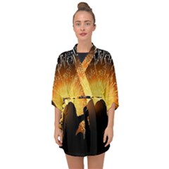 Celebration Night Sky With Fireworks In Various Colors Half Sleeve Chiffon Kimono