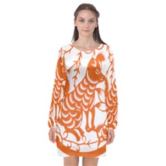 Chinese Zodiac Dog Long Sleeve Chiffon Shift Dress  by Sapixe