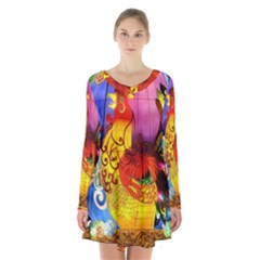 Chinese Zodiac Signs Long Sleeve Velvet V-neck Dress by Sapixe