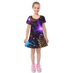 Celebration Fireworks In Red Blue Yellow And Green Color Kids  Short Sleeve Velvet Dress by Sapixe