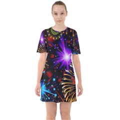 Celebration Fireworks In Red Blue Yellow And Green Color Sixties Short Sleeve Mini Dress by Sapixe