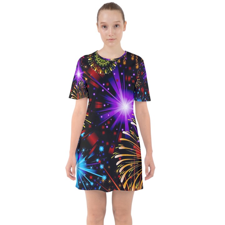 Celebration Fireworks In Red Blue Yellow And Green Color Sixties Short Sleeve Mini Dress