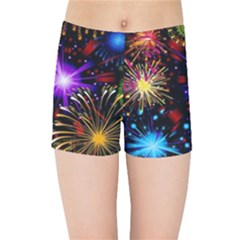 Celebration Fireworks In Red Blue Yellow And Green Color Kids Sports Shorts by Sapixe