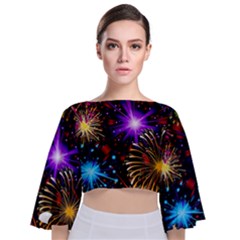 Celebration Fireworks In Red Blue Yellow And Green Color Tie Back Butterfly Sleeve Chiffon Top by Sapixe