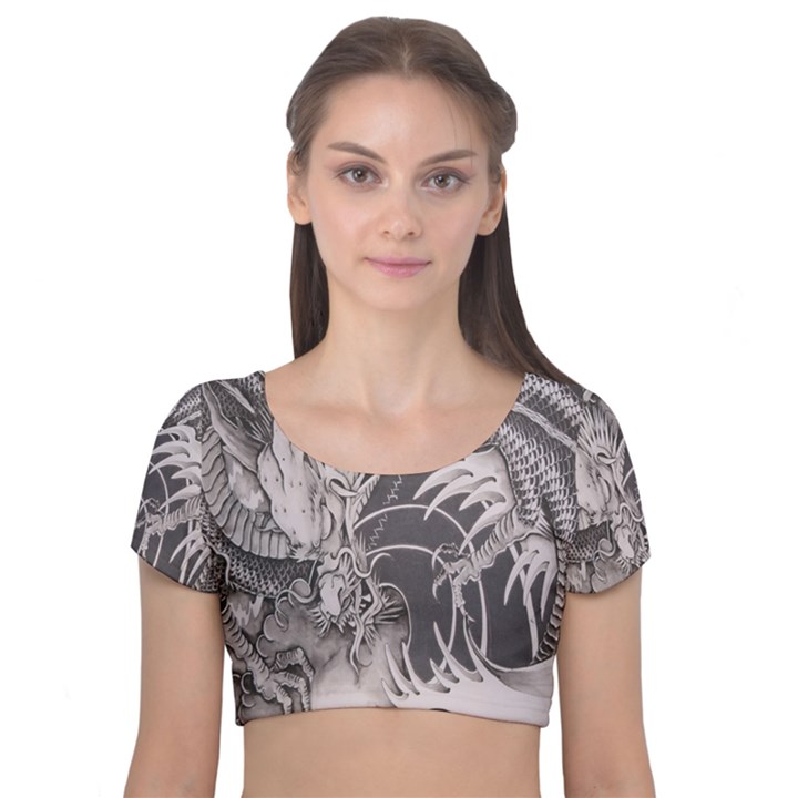 Chinese Dragon Tattoo Velvet Short Sleeve Crop Top 