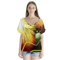 Celebration Colorful Fireworks Beautiful V-neck Flutter Sleeve Top by Sapixe