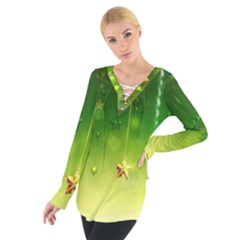 Christmas Green Background Stars Snowflakes Decorative Ornaments Pictures Tie Up Tee by Sapixe