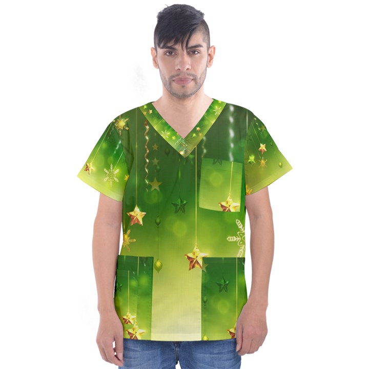 Christmas Green Background Stars Snowflakes Decorative Ornaments Pictures Men s V-Neck Scrub Top