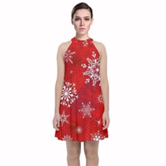 Christmas Pattern Velvet Halter Neckline Dress 