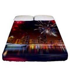 Christmas Night In Dubai Holidays City Skyscrapers At Night The Sky Fireworks Uae Fitted Sheet (california King Size)