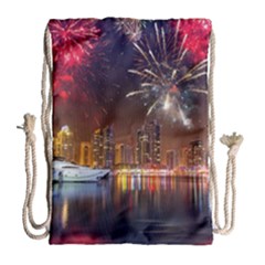 Christmas Night In Dubai Holidays City Skyscrapers At Night The Sky Fireworks Uae Drawstring Bag (large) by Sapixe