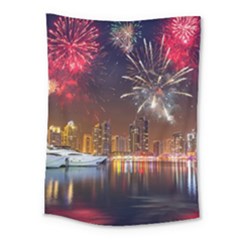 Christmas Night In Dubai Holidays City Skyscrapers At Night The Sky Fireworks Uae Medium Tapestry by Sapixe