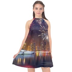 Christmas Night In Dubai Holidays City Skyscrapers At Night The Sky Fireworks Uae Halter Neckline Chiffon Dress  by Sapixe