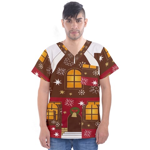 Christmas House Clipart Men s V-neck Scrub Top by Sapixe