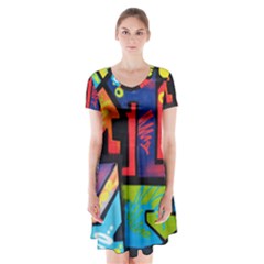 Urban Graffiti Movie Theme Productor Colorful Abstract Arrows Short Sleeve V-neck Flare Dress by genx