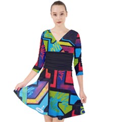 Urban Graffiti Movie Theme Productor Colorful Abstract Arrows Quarter Sleeve Front Wrap Dress by genx