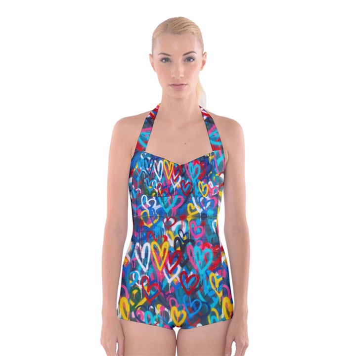 Graffiti Hearts Street Art Spray Paint Rad Boyleg Halter Swimsuit 