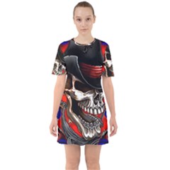 Confederate Flag Usa America United States Csa Civil War Rebel Dixie Military Poster Skull Sixties Short Sleeve Mini Dress by Sapixe