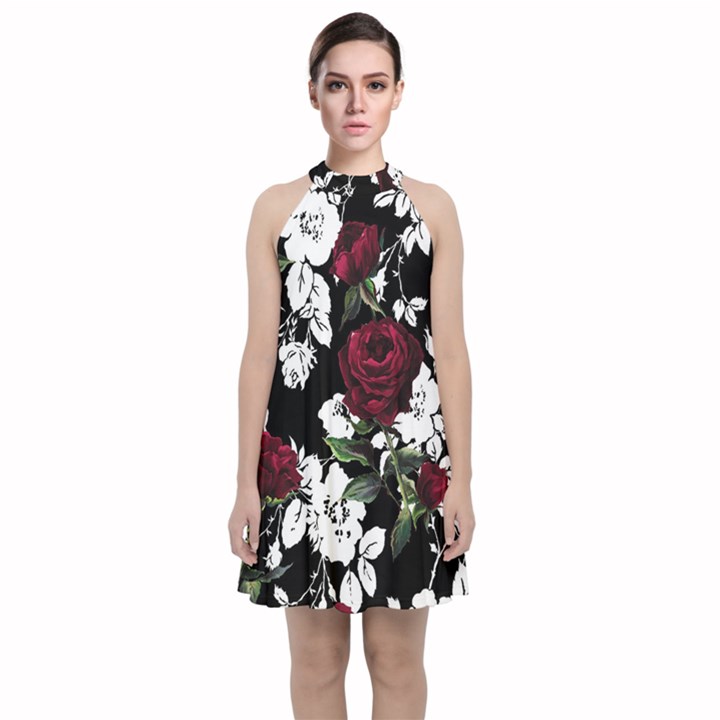 Red Roses print Velvet Halter Neckline Dress 