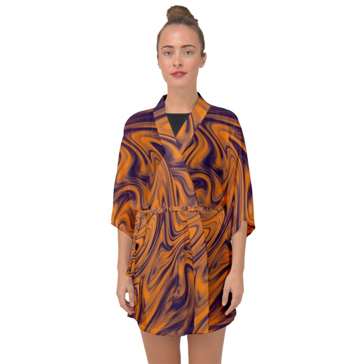 Orange and purple Liquid Half Sleeve Chiffon Kimono