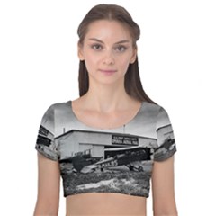 Omaha Airfield Airplain Hangar Velvet Short Sleeve Crop Top 