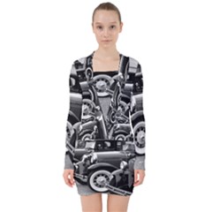 Vehicle Car Transportation Vintage V-neck Bodycon Long Sleeve Dress by Nexatart