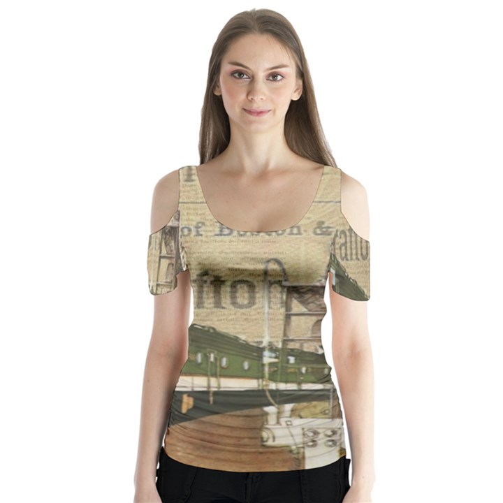 Train Vintage Tracks Travel Old Butterfly Sleeve Cutout Tee 