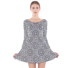 Grey Ornate Decorative Pattern Long Sleeve Velvet Skater Dress