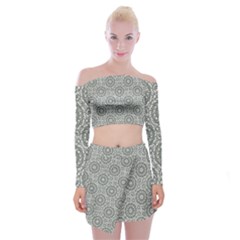 Grey Ornate Decorative Pattern Off Shoulder Top With Mini Skirt Set by dflcprints