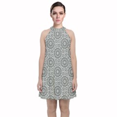 Grey Ornate Decorative Pattern Velvet Halter Neckline Dress  by dflcprints