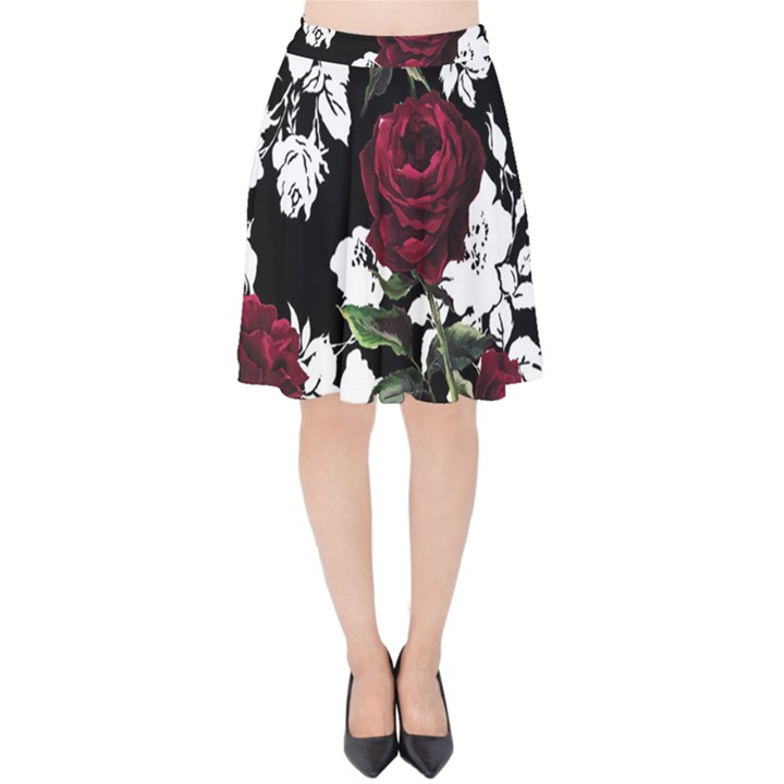 Red Roses print Velvet High Waist Skirt