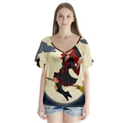 Witch Witchcraft Broomstick Broom V-neck Flutter Sleeve Top by Nexatart