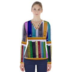 Shelf Books Library Reading V-neck Long Sleeve Top by Nexatart