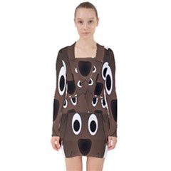 Dog Pup Animal Canine Brown Pet V-neck Bodycon Long Sleeve Dress by Nexatart