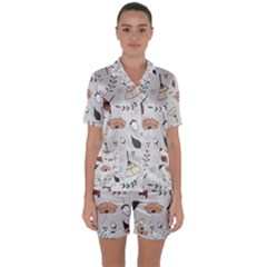 Grey Toned Pattern Satin Short Sleeve Pyjamas Set