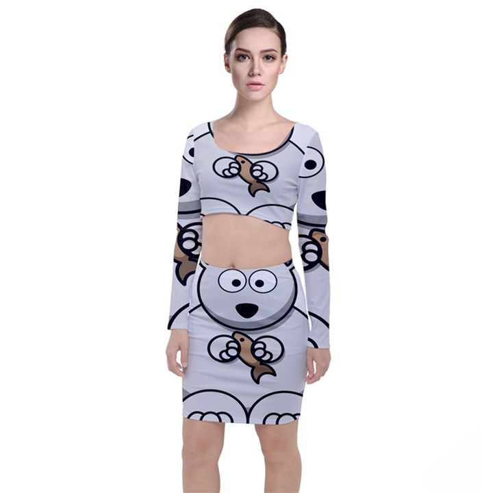 Bear Polar Bear Arctic Fish Mammal Long Sleeve Crop Top & Bodycon Skirt Set