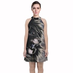 Angry Lion Digital Art Hd Velvet Halter Neckline Dress 