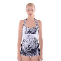 Lion Wildlife Art And Illustration Pencil Boyleg Halter Swimsuit  by Nexatart