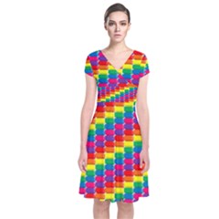 Rainbow 3d Cubes Red Orange Short Sleeve Front Wrap Dress