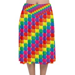 Rainbow 3d Cubes Red Orange Velvet Flared Midi Skirt