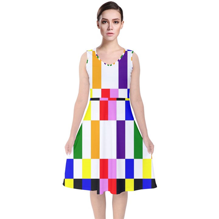 Rainbow Color Blocks Red Orange V-Neck Midi Sleeveless Dress 