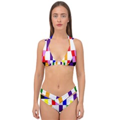 Rainbow Color Blocks Red Orange Double Strap Halter Bikini Set