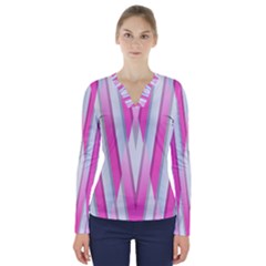 Geometric 3d Design Pattern Pink V-neck Long Sleeve Top by Nexatart