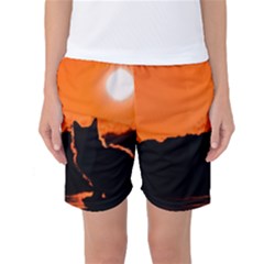 Sunset Cat Shadows Silhouettes Women s Basketball Shorts by Nexatart